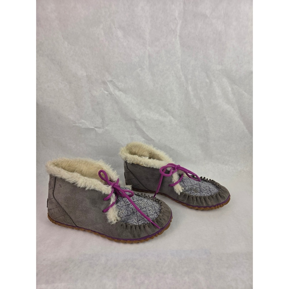 Sorel Out N About Moc Slipper Bootie Quarry Grey Purple Faux Fur Lining Womens